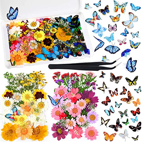 Dried Pressed Flower and Butterfly Transparent Sticker Set, Natural Real Dried Flower Butterfly Scrapbook Decal with Box and Curved Tweezers for DIY Decoration Resin Making (Bright Series)