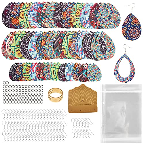 AOUXSEEM 241 Pcs Faux Leather Earrings Making Kit for Beginner, Contains 72 Pre Cut Hollow Teardrop Earring Pieces with Hooks Jump Rings Opener Earring Display Cards and Self-Adhesive Bags (Bohemian)