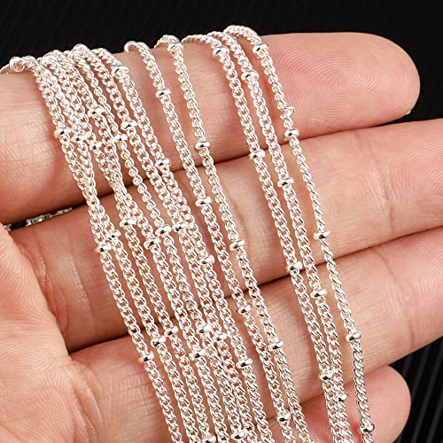 Wholesale 12PCS Silver Plated Brass Curb Chain Satellite Beaded Chains Bulk for Jewelry Making (16 Inch(1.5mm))