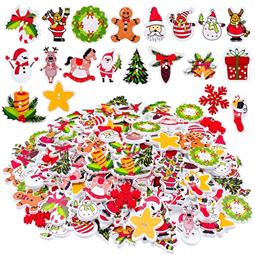 240 Pieces Christmas Wooden Buttons Colorful Sewing Buttons Assorted Christmas Crafts Buttons Christmas Stocking Decorative Buttons for DIY Sewing Handmade Projects, Mixed Sizes and Styles