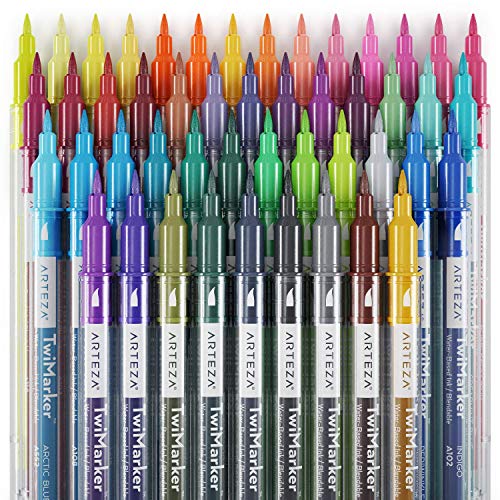 ARTEZA Dual Brush Pens, Set of 48 Colors, Sketch Markers with Fine & Brush Tips, Twimarkers for Coloring, Calligraphy, Sketching, Doodling, Art Supplies for Drawing, Journaling, Hand Lettering