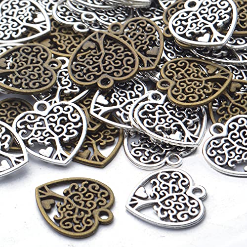 100pcs Heart Charm Alloy Tree of Life Charms Pendants Heart Charms Beads Craft Supplies for DIY Jewelry Earrings Necklace Making,Antique Bronze and Antique Silver