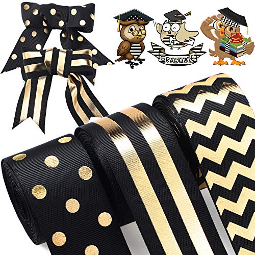 3 Rolls Striped Grosgrain Ribbons Dot Fabric Ribbon 3 Styles Ribbon DIY Craft Grosgrain Ribbons for Halloween Christmas Home Theme Party Decorations (Black and Gold)