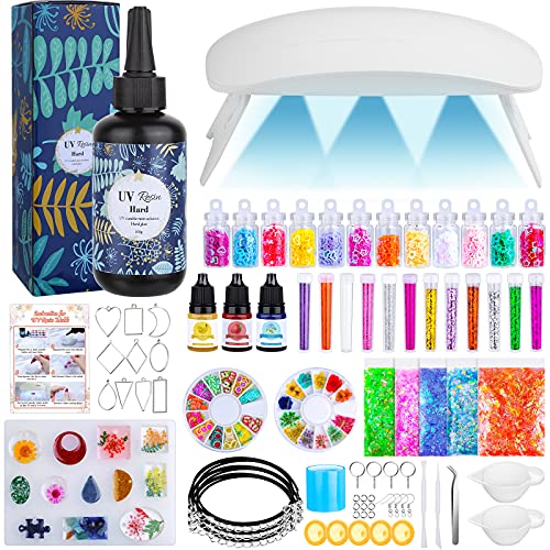UV Resin Kit with Light, 136 Pcs UV Epoxy Resin Supplies with Upgrade UV Lamp Jewelry Resin Molds Starter DIY Kits Tools for Clear Casting Keychain Necklace Bracelet Making Arts Crafts Decor
