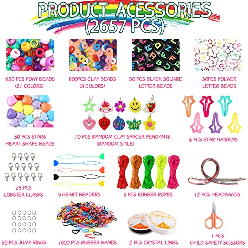 3000PCS Pony Beads Kit, Hair Beads for Jewelry Making Clay Beads Cute Letter Beads Star Heart Beads Elastic String Rubber Bands Hairpins Headband for Hair Braiding DIY Craft Bracelet Making