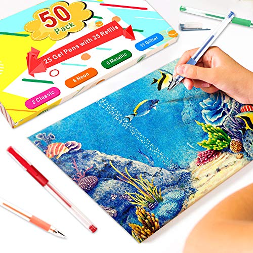 Gel Pens, 50 Pack Gel Pen Set 25 Colored Gel Pen with 25 Refills for Adults Coloring Books Drawing Doodling Crafts Scrapbooking Bullet Journaling