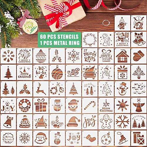 60 Pcs Reusable Small Christmas Stencils, 3 x 3 inch Christmas Templates DIY Decoration for Painting on Wood, Window, Card Making, Paper Craft - Including Santa Claus Christmas Tree Snowflakes Snowman