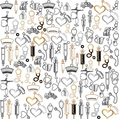 Junkin 108 Pieces Nurse Charms Stethoscope Charms Antique Medical Charms Syringe Nurse Pins Hat Jewelry Charms Enamel Alloy Medical Pendant for DIY Necklace Bracelet Craft Making Crafting Accessories