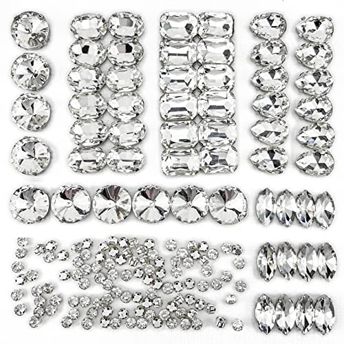 Towenm 160PCS Glass Sew on Rhinestones, Flactback Sew On Claw Crystals for Crafts Costume Clothes Jewelry (Crystal Clear/White, Mixed Shapes)