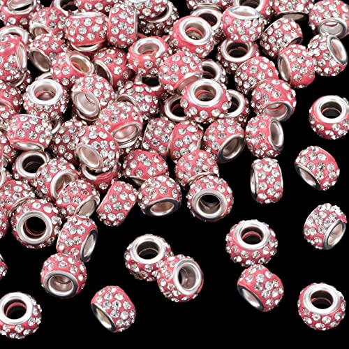 ANCIRS 100pcs 12mm Large Hole Rhinestone European Beads, Large Hole Rondelle Spacer Beads, Diamond Hair Beads for European Bracelet Snake Chain Charm Bracelet- Red