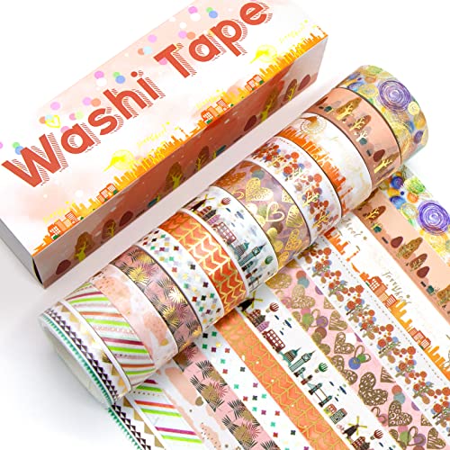 Gold Foil Washi Tape Set 12 Rolls - Blooming Masking Tape, Decorative Tape for Bullet Journals Supplies, Gift Wrapping, DIY Crafts, Scrapbooking, Planners