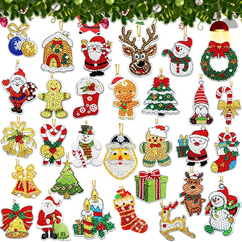 ZYNERY 30 Pcs Christmas Diamond Painting Keychain Kit, DIY 5D Diamond Art Keychains Resin Key Ring Rhinestone Pendant, Santa Claus Diamond Dotz Kits with Tools for Hanging Decoration Kid Gift