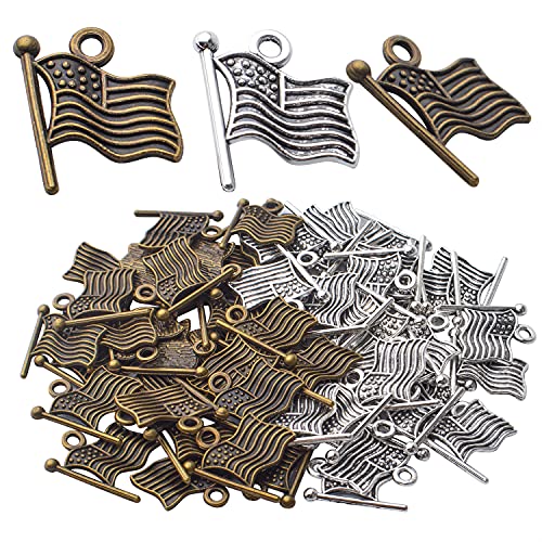 60pcs American Flag Charms Pendant Alloy Flag Bead Charms Craft Supplies for DIY Necklace Bracelet Jewelry Making Findings Accessory,Antique Silver and Antique Bronze