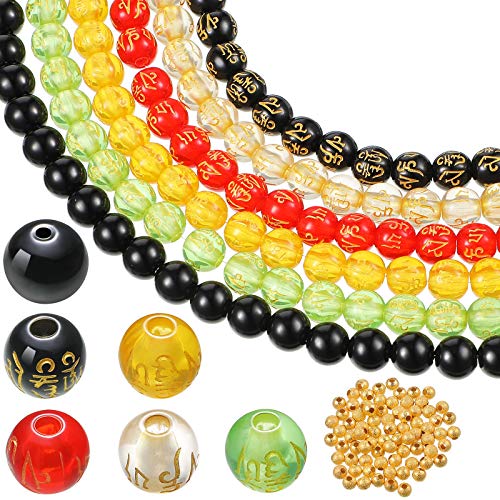 700 Pieces Feng Shui Beads Black Glass Beads Strands Resin Round Loose Beads Energy Round Stone Beads and Gold Glitter Beads for Fortune Bracelet Jewelry Making