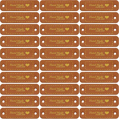 WILLBOND 30 Pieces Handmade Tags PU Leather Tags for Crochet Items Love Tags Handmade Tags for Crochet Knit Accessories with Holes for DIY Crafts Sewing Crochet Knitting Hats (Brown)