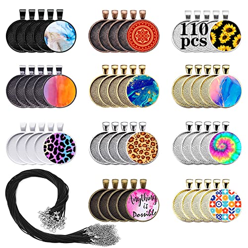 CSDTYLH 110Pcs Pendant Trays Kit, Round Tray Set, Alloy Tray Charms Bulk, Bezel Pendant Trays for Homemade Jewelry and Necklaces, DIY Crafts, Resin Art, Paint Pour Skins, Costume Jewelry