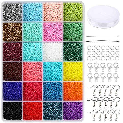 Nowsruiver Size 2mm Glass Seed Beads 24 Colors Total About 14400pcs,12/0 Small Seed Beads Kit Bracelet Beads with 24-Grid Storage Box for Jewelry Making