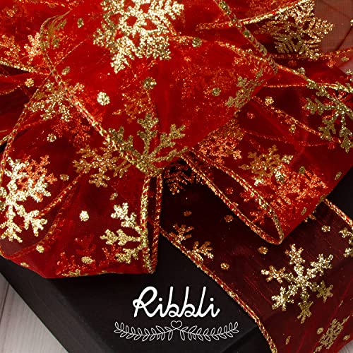 Ribbli Snowflake Glitter Wired Ribbon, Red Organza Sheer Ribbon with Gold Glitter Snowflake Pattern and Iridescent Metallic Edge,2-1/2 Inch x 10Yards Christmas Ribbon for Tree Decoration