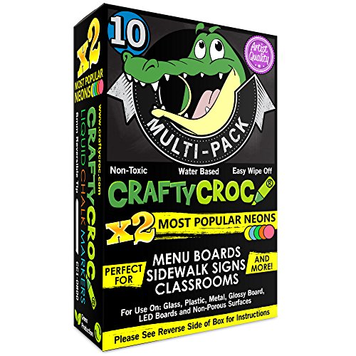 Crafty Croc Liquid Chalk Markers, Neon Chalk Pens Glow Under Blacklight, Includes 2 Each Fluorescent Yellow, Blue, Green, Orange and Pink (10 Pack)