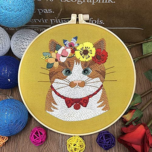 SIMEIQI 2 Pack Embroidery Kit with Pattern and Instructions for Beginners Animal Cat for Adults,Cross Stitch Kit, Embroidery Starter Kit Including Hoop,Needles, Color Threads¡­