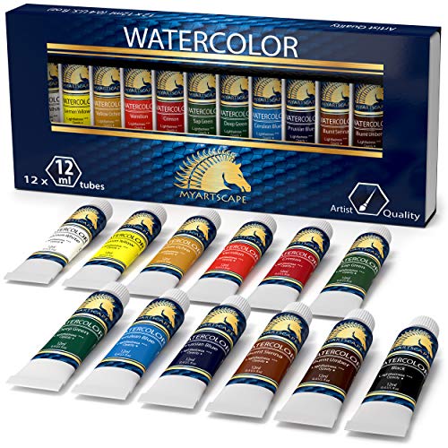MyArtscape Watercolor Paint Set - 12 x 12ml Tubes - Lightfast - Highly Pigmented - Vibrant Colors - Fade Proof - Painting Kit for Adults & Hobby Painters - Professional Watercolors Supplies