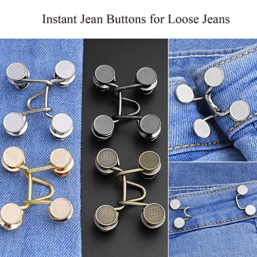Qeuly 2 Sets Pant Waist Tightener Instant Jean Buttons for Loose Jeans Pants Clips for Waist Detachable Jean Buttons Pins No Sewing Waistband Tightener(Silver)
