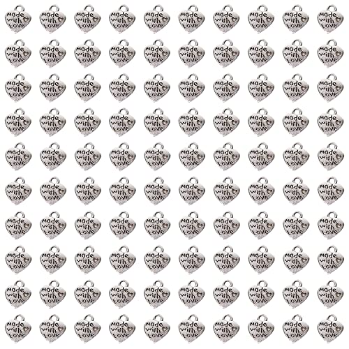 Shapenty 100PCS Mini Metal Beads Heart Shaped “Made with Love” Charms Bulk for DIY Craft Keychain Necklace Pendants Bracelets Earrings Jewelry Making Findings (Silver)