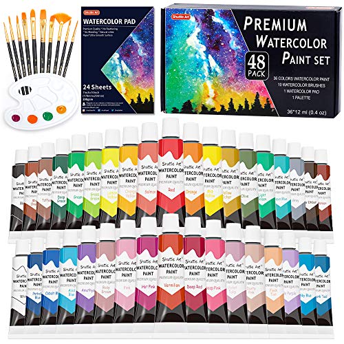 48 Pack Watercolor Paint Set, Shuttle Art 36 Colors Watercolor Paint in Tubes (12ml Each) with 10 Brushes, 1 Watercolor Pad, 1 Palette, Premium Watercolor Kit for Artist, Beginners, Kids