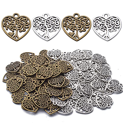 100pcs Heart Charm Alloy Tree of Life Charms Pendants Heart Charms Beads Craft Supplies for DIY Jewelry Earrings Necklace Making,Antique Bronze and Antique Silver