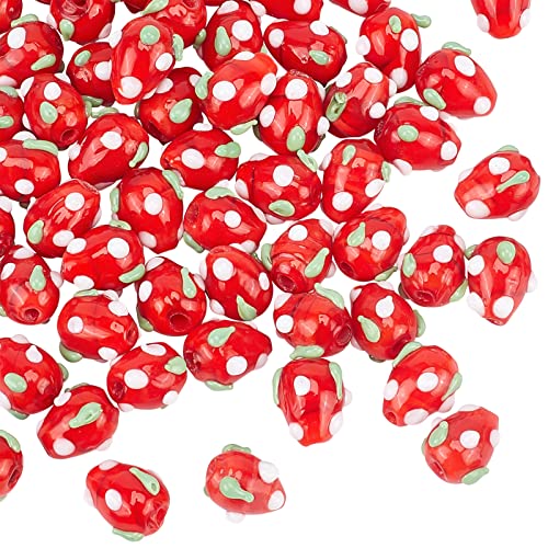 OLYCRAFT 70Pcs Red Strawberry Beads Handmade Lampwork Beads 3D Glass Beads for DIY Jewelry Making with 2mm Hole 10~13x8~10mm