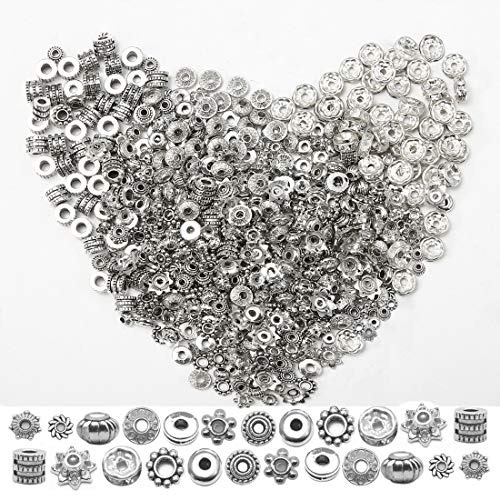 600 Pcs 12 Style Silver Spacer Beads Kit Yoker Jewelry Bead Charm Spacers Accessories DIY for Bracelet Necklace Jewelry Making