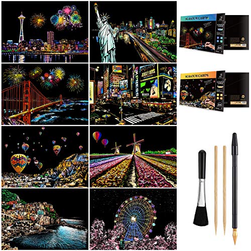 Scratch Art for Teens & Adults, Rainbow Engraving Painting Landscape Scratchboard(A4) Crafts Set: 8 Sheets with 4 Tools - New York, Statue of Liberty, Golden Gate Bridge, Manarola (America/Europe)