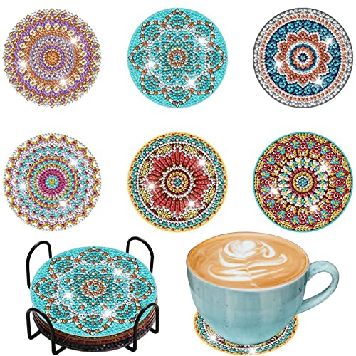 6 Pcs Diamond Painting Coasters Kits, DIY Diamond Painting Arts Non - Slip Coaster Sets with Holder for Beginners Adults and Kids, Cool Home Decor - 3.9 Inch