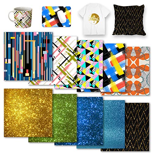 DoreenBow 10 Sheets Glitter Infusible Transfer Ink Sheets Geometry Ink Transfer Paper Sublimation Ink Sheets for Mug Press T-Shirts Bags 12 x 10 Inch