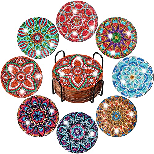 8 Pieces Diamond Painting Coasters with Holder DIY Mandala Coasters Diamond Painting Kits Diamond Art Coasters Kit Diamond Non Slip Coaster for Beginners Adults Kids Home Dining Decors Art Crafts