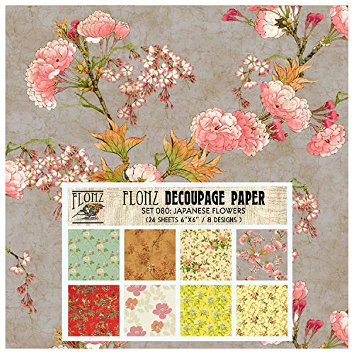 Decoupage Paper Pack (24 Sheets 6"x6") Japanese Flowers FLONZ Vintage Styled Paper for Decoupage, Craft and Scrapbooking