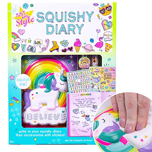 Just My Style Squishy Diary by Horizon Group USA, Slow Rising, Stress Relieving Squish. Unicorn & Rainbow. Includes Diary, Sticker Sheet & Pen, Multicolor