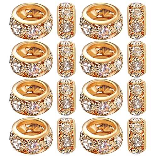 European Rhinestone Spacer Beads, 40pcs Gold Plated Crystal Rondelle Beads Brass Round Loose Beads with 6 mm Large Hole for DIY Jewelry Making Christmas Party Birthday Ornament, 10 mm x 5 mm