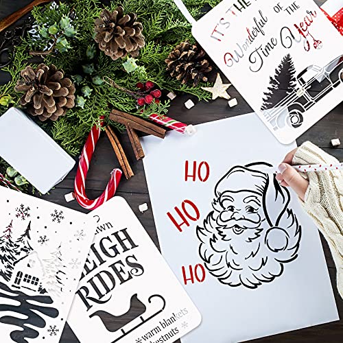 9Pcs Reusable Christmas Stencils, 8 X 11 Inch Farmhouse Large Merry Christmas Stencils for Painting on Wood Winter Decor