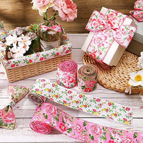 Floral Ribbon 4 Rolls Wired Edge Ribbon Spring Summer Craft Wired Ribbon Flower Pattern Ribbons Decorative Fabric Ribbons for Wreaths Christmas Tree and Gift Wrap 20 Yard x 2.5 Inch (Delicate Style)