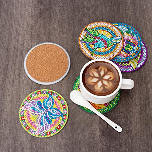 6pcs Diamond Painting Coasters with Stand, 5D DIY Round Rhinestone Ceramic Cork Coasters, Art Craft Supplies for Beginners, Adults and Kids