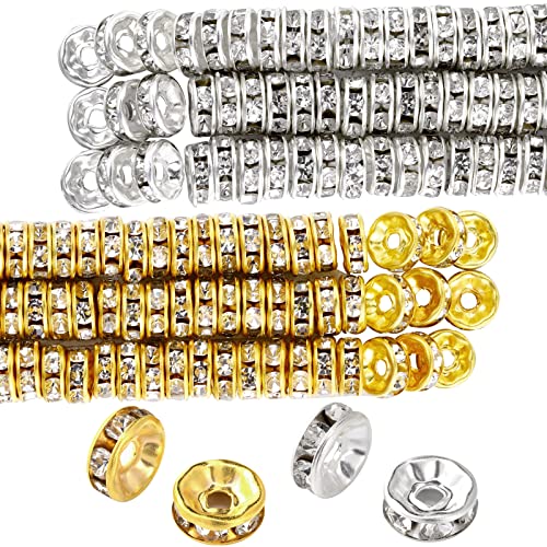 800 Pieces 8mm Round Rondelle Spacer Beads Crystal Rhinestone Loose Bead Charm Beads Spacer Bead for Jewelry Making (Gold, Silver,8 mm)