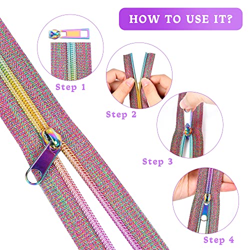 Elesunory #5 Zippers for Sewing, 9.84 Yards Nylon Coil Rainbow Zipper Tape by The Yard with 12Pcs 3 Style of Rainbow Zipper Pull, Heavy Duty Zipper for DIY Tailor Sewing Crafts