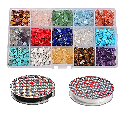 jodaying Gemstone Beads 7-8mm 15 Styles Natural Irregular Shaped Nugget Loose Chips Beads Crystal Energy Stone Healing Power for DIY Jewelry Making (Elastic String is Included )