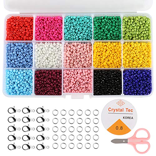 Naler 7500pcs Multicolor 3mm Glass Seed Beads Jewelry Making Kit 8/0 Small Craft Beads with Lobster Clasps, Open Jump Rings and Elastic Crystal String for Bracelet Making DIY Necklaces Keychains