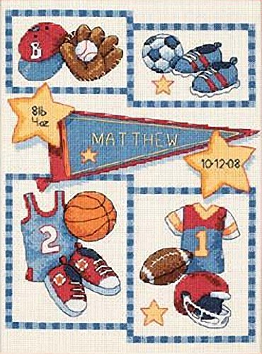 Dimensions Counted Cross Stitch Kit Little Sports Baby Boy Birth Record, 14 Count Ivory Aida, 9" x 12"