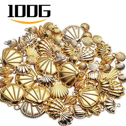 Seashell Charms,100 Gram Gold Shell Charms Ocean Theme Pendants Conch Scallops Mussel Marine Life Sea Animals Dangle Charms for Jewelry Making Necklace Bracelet Crafting