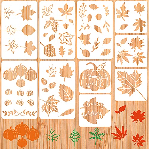 10 Pieces Fall Stencils Thanksgiving Painting Stencils Autumn Leaf Maple Leaf Pumpkin Truck Stencils Pumpkin Templates for Crafts Painting on Wood DIY Slice Scrapbook Decor, 2 Sizes (Abstract Style)