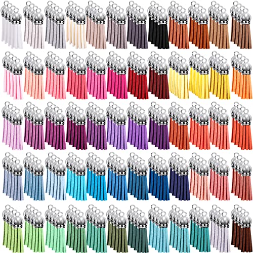 Duufin 240 Pieces Keychain Tassels Bulk Leather Tassel Pendants Colorful Tassel for Keychain Craft and DIY Projects, 60 Colors (Silver Cap)