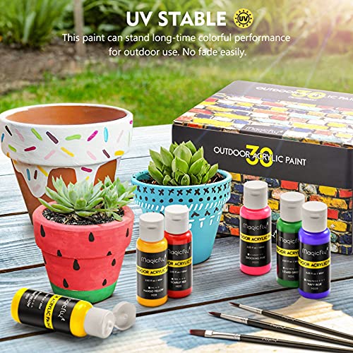 Magicfly Outdoor Acrylic Paint, Set of 30 Colors (60ml, 2oz.) Craft Paint with 3 Paint Brushes, Rich Pigments Multi-Surface Patio Paints for Christmas Decorations, Crafts, Rocks, Fabric, Leather, Paper & DIY Projects